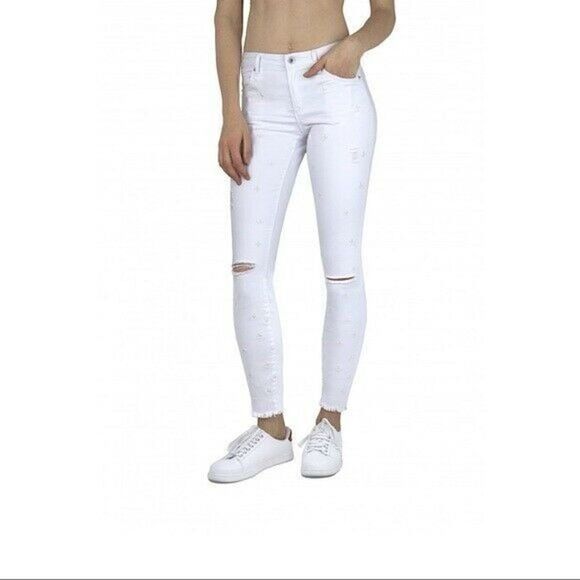 NEW $67 Tractr Jeans Size 28 Fleur De Lis Skinny Distressed White - Picture 1 of 8